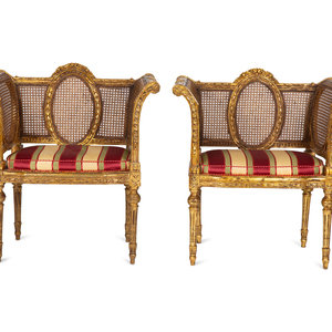 Appraisal: A Pair of Louis XVI Style Giltwood Cane-Back Benches Late