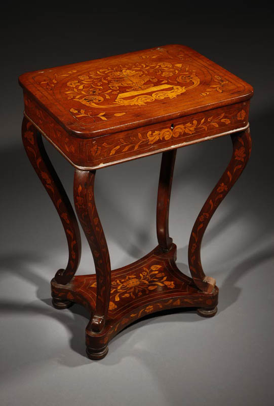 Appraisal: A Dutch mahogany marquetry sewing table A Dutch mahogany marquetry