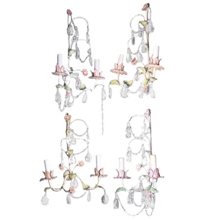 Appraisal: Set of Four Painted Tole and Crystal Two-Light Sconces Estimate