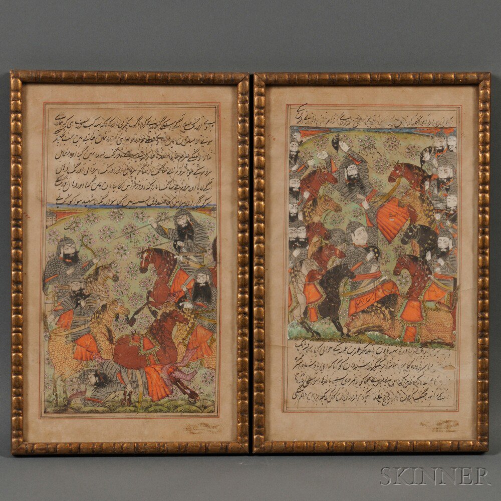 Appraisal: Two Framed Indo-Persian Illuminated Manuscript Pages each with black text