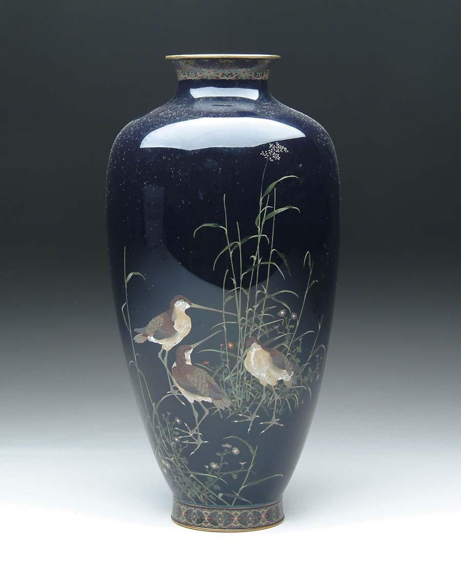 Appraisal: JAPANESE CLOISONNE ENAMEL VASE Tall tapered vase features three birds