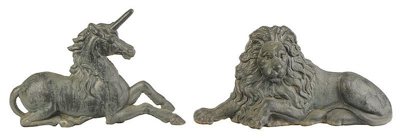 Appraisal: Pair Cast Iron Lion and Unicorn Andirons British late th