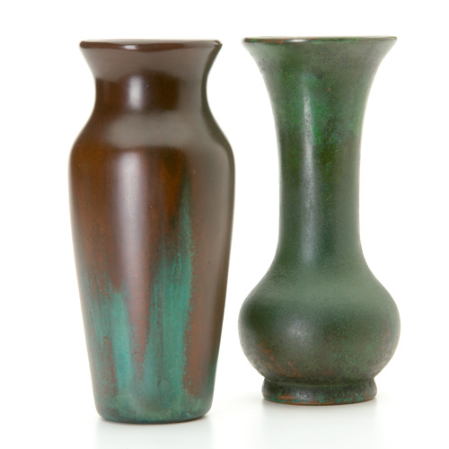 Appraisal: CLEWELL Two copper-clad vases covered in verdigris patina Both incised