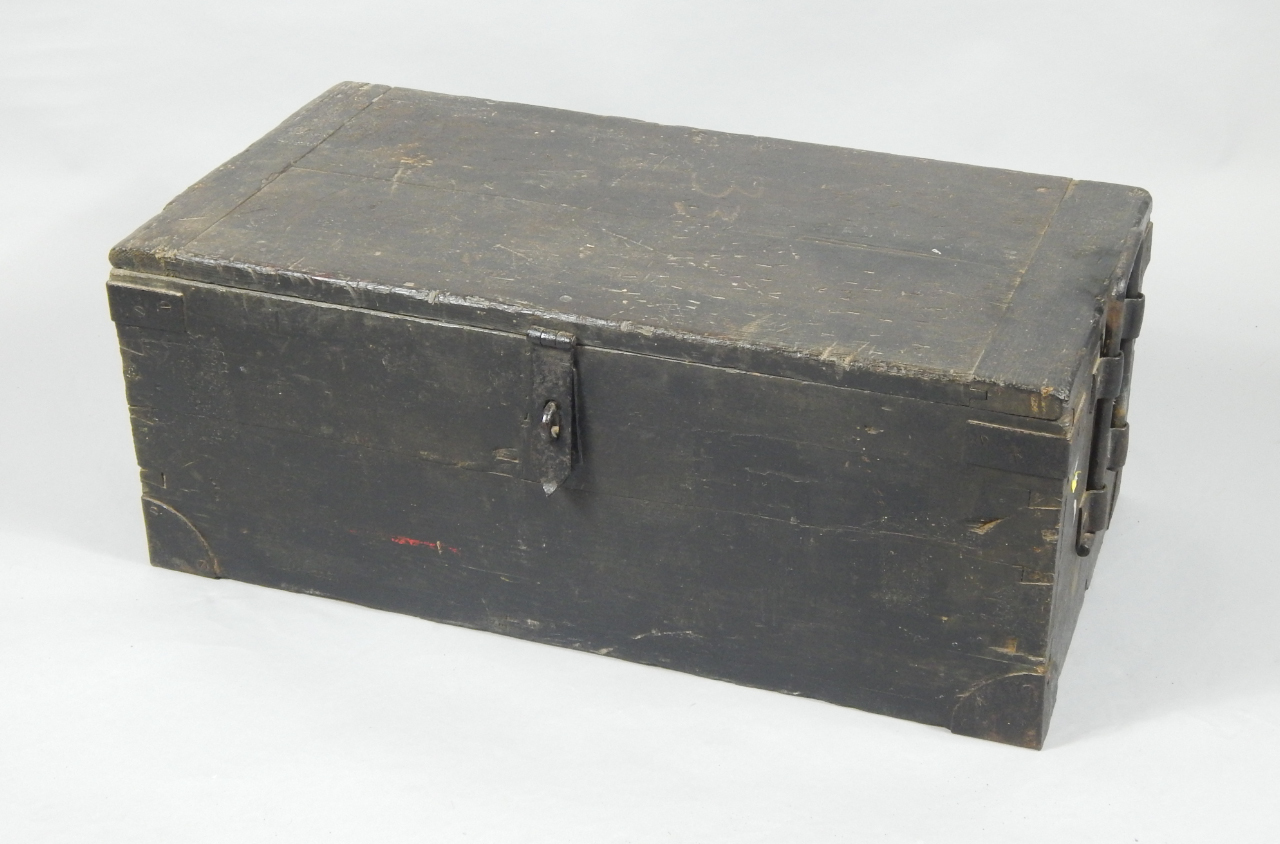 Appraisal: A Victorian Anglo-Indian ebonised stained pine campaign box with cast