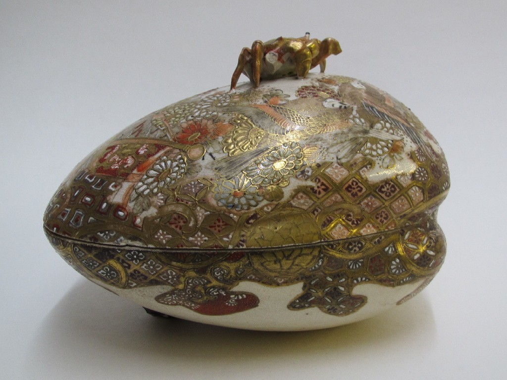 Appraisal: A Satsuma clam shaped box painted with birds butterflies and