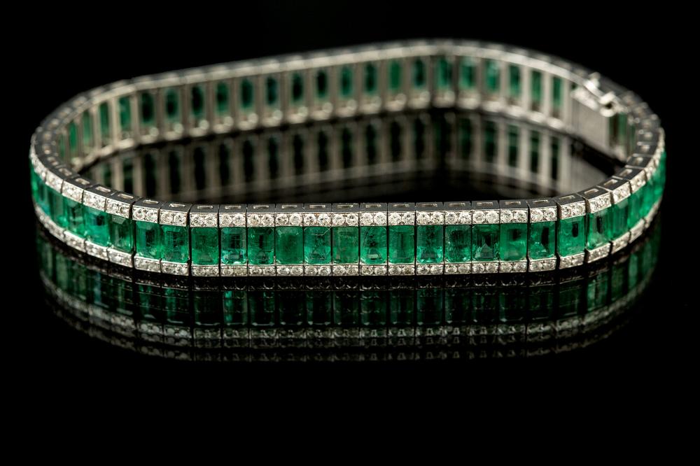 Appraisal: kt White Gold Emerald and Diamond Flexible Bracelet set with