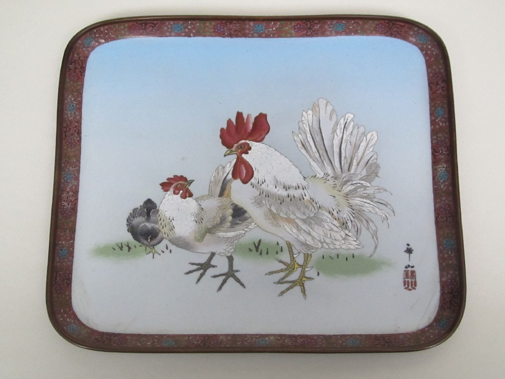 Appraisal: A Japanese cloisonne square shaped tray decorated with a cockerel