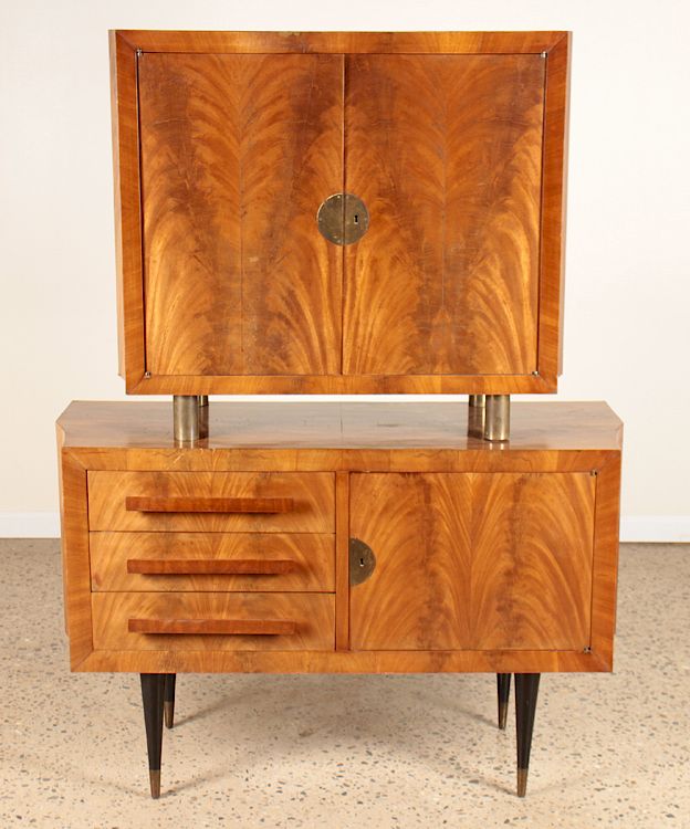 Appraisal: TWO PIECE FLAME MAHOGANY BAR CABINET CIRCA A two piece