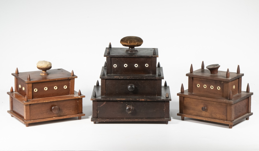 Appraisal: MULTI-TIER SEWING BOXES Group of th c Wooden Sewing Boxes