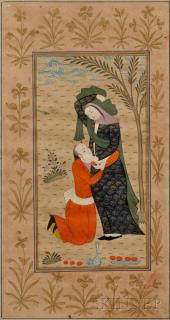 Appraisal: Miniature Painting Depicting Lovers Miniature Painting Depicting Lovers Persia opaque