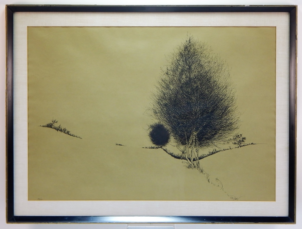 Appraisal: MODERN MINIMALIST TREE MEADOW ETCHING United States th CenturyMinimalist depiction