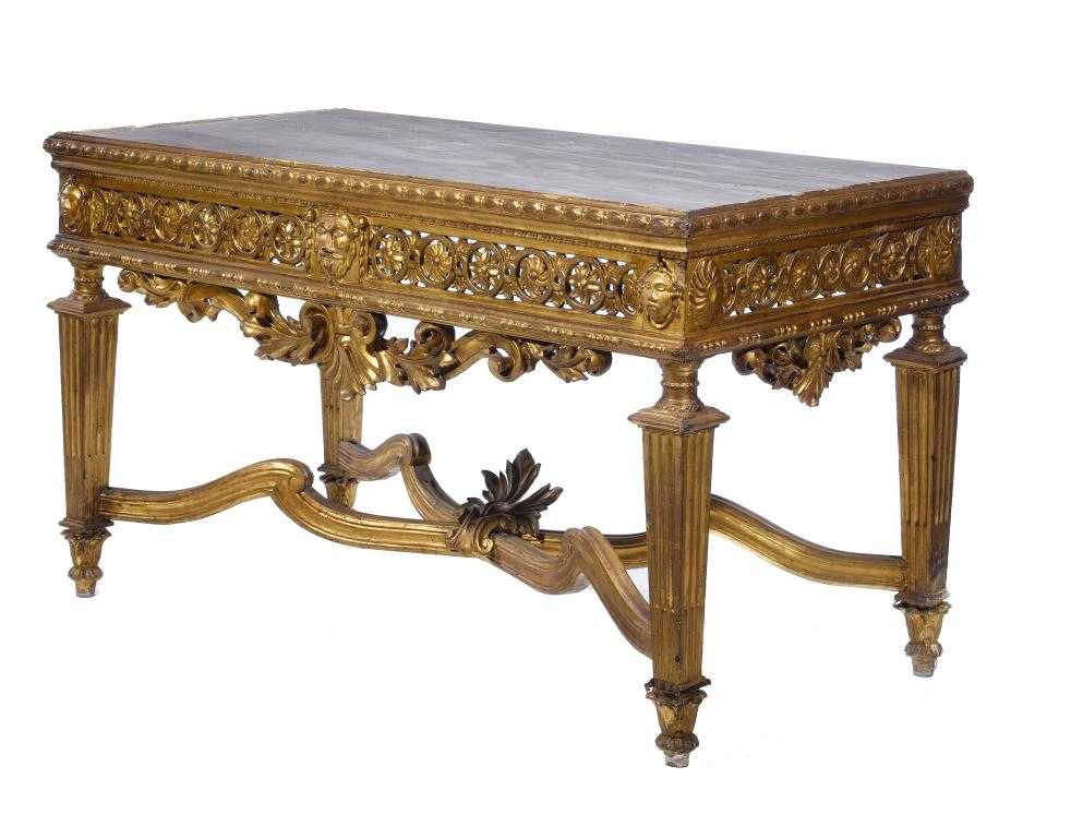 Appraisal: A NORTH ITALIAN GILTWOOD SIDE TABLE the marble inset rectangular