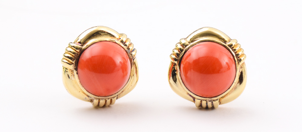 Appraisal: NATURAL CORAL CABOCHON EARRINGS k yellow gold earrings with round