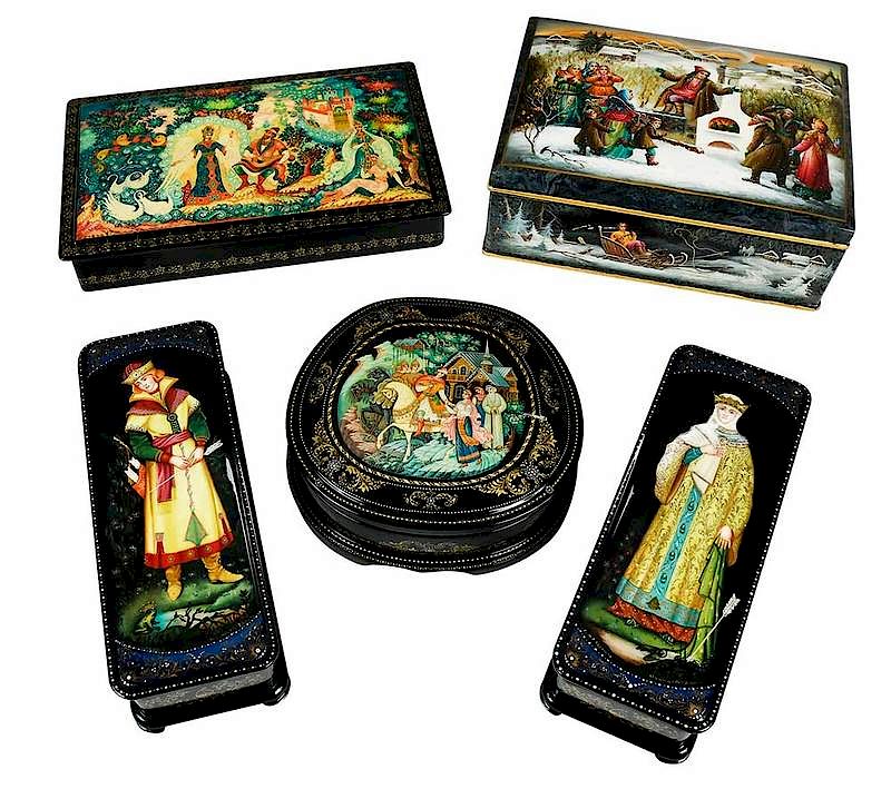 Appraisal: Five Large Russian Lacquer Fairy Tale Boxes th century tempera