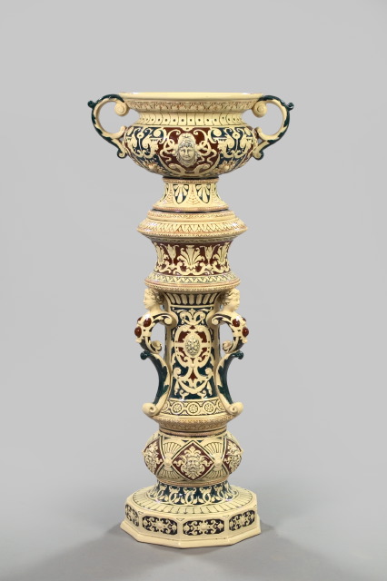 Appraisal: Good German Glazed Stoneware Two-Handled Cachepot-on-Pedestal in the Mettlach style