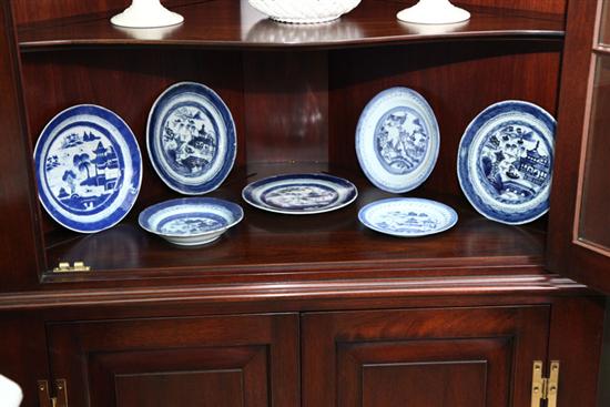 Appraisal: SEVEN CANTON PLATES All blue and white with various village