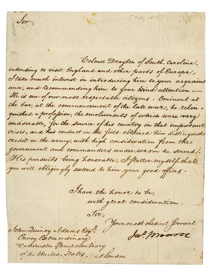 Appraisal: MONROE James - Letter Signed to John Quincy Adams introducing