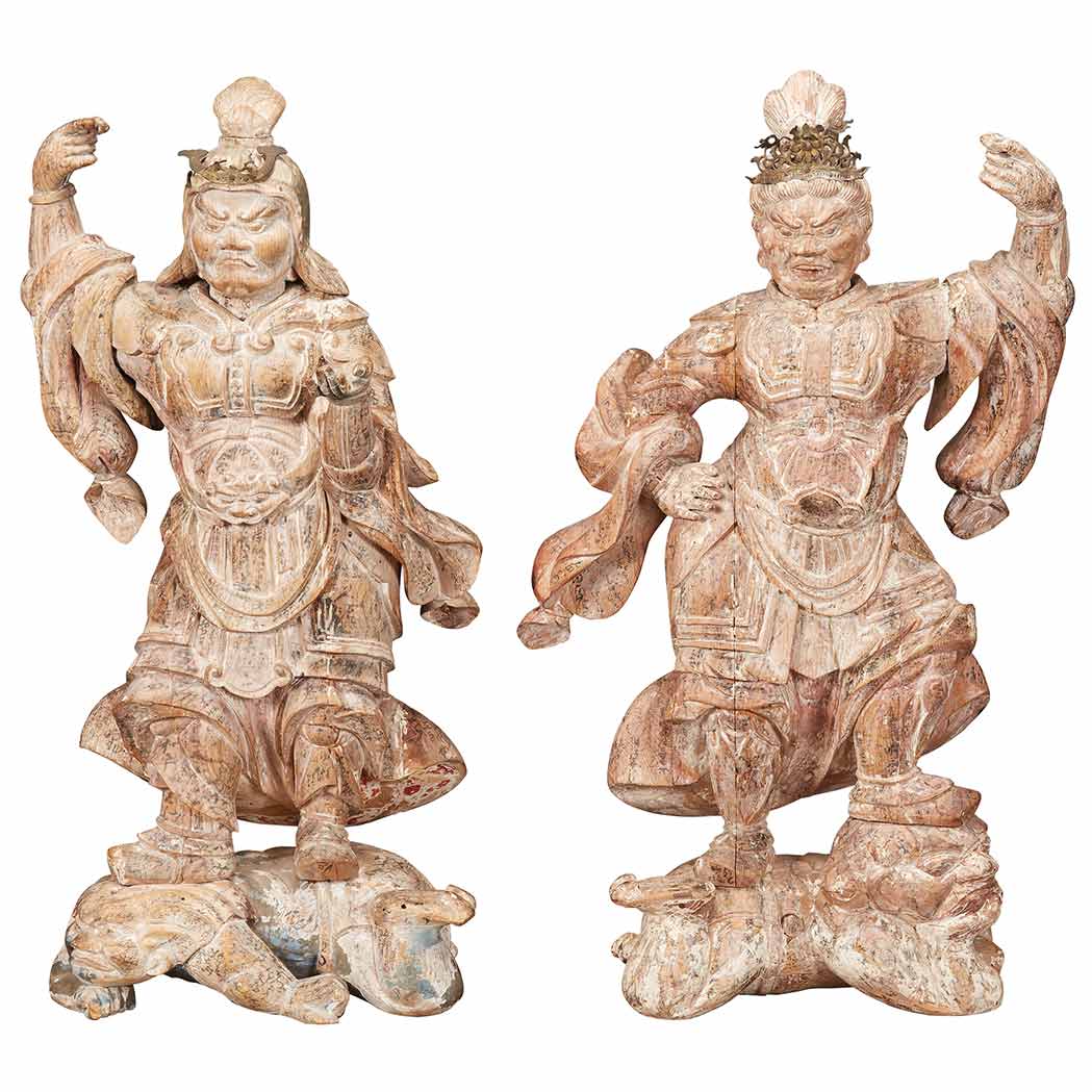 Appraisal: Pair of Japanese Polychrome Painted Wood Figures of Guardians Meiji