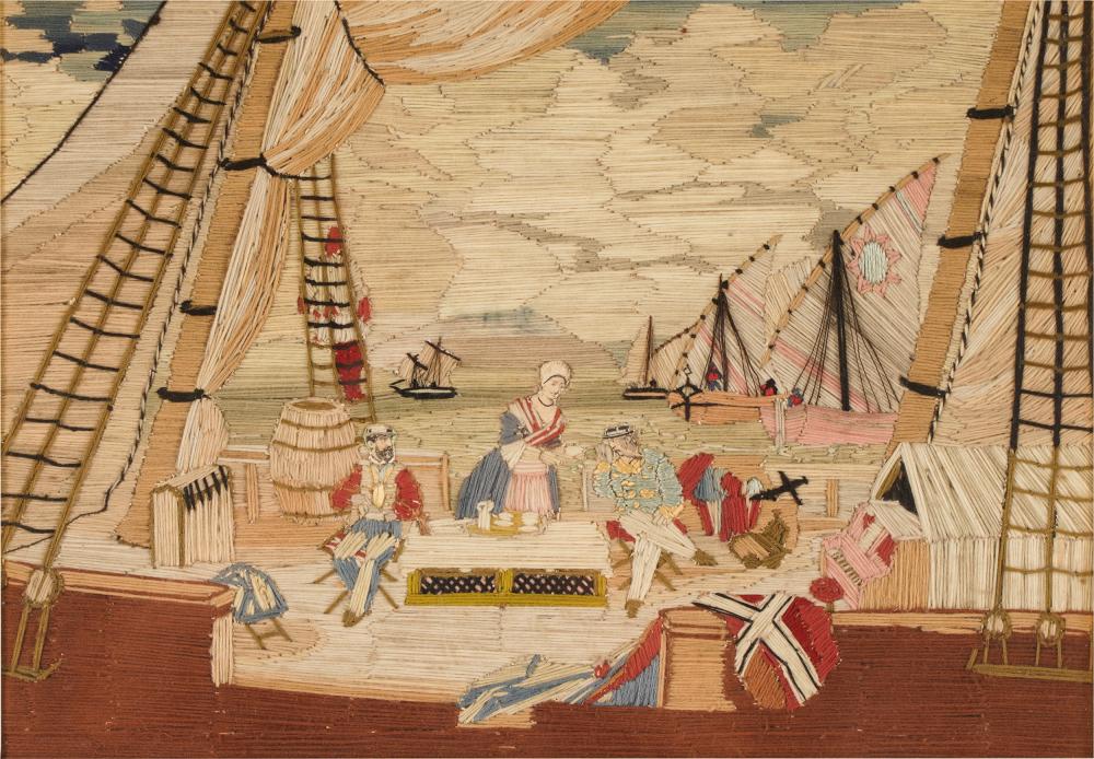 Appraisal: ENGLISH SAILOR'S WOOLWORK PICTURE OR WOOLIE depicting officers dining on