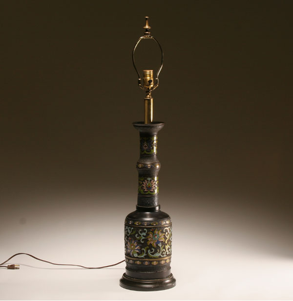 Appraisal: Asian motif patinated metal table lamp raised enameled florals over