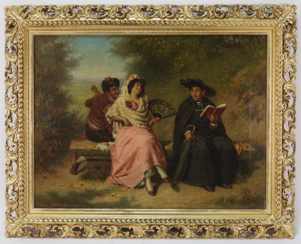 Appraisal: EDWIN ROBERTS OUTDOOR ROMANCE GENRE PAINTING England - Depicts a