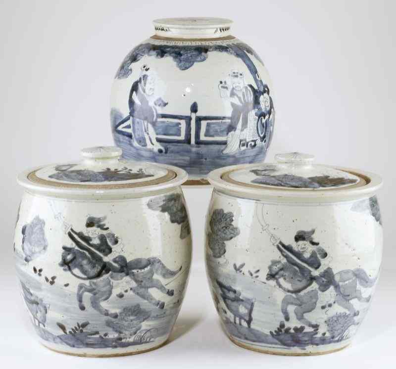 Appraisal: Three Chinese Blue and White Lidded Jarsa pair of food