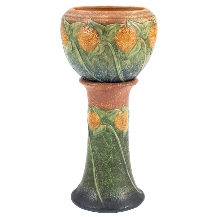 Appraisal: Good Roseville Sunflower jardiniere and pedestal brown green and blue