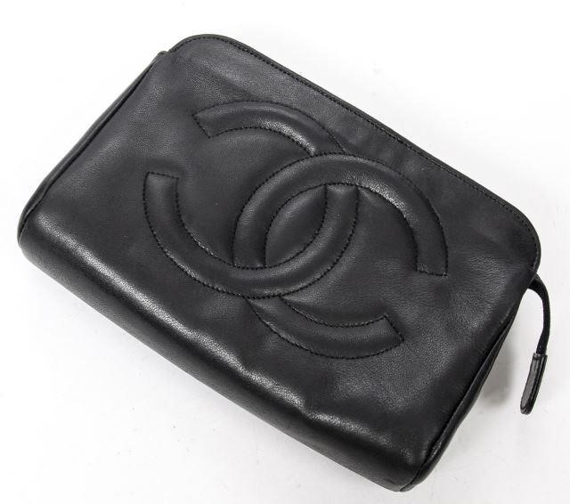 Appraisal: Chanel vintage CC pouch in black smooth leather with gold-tone