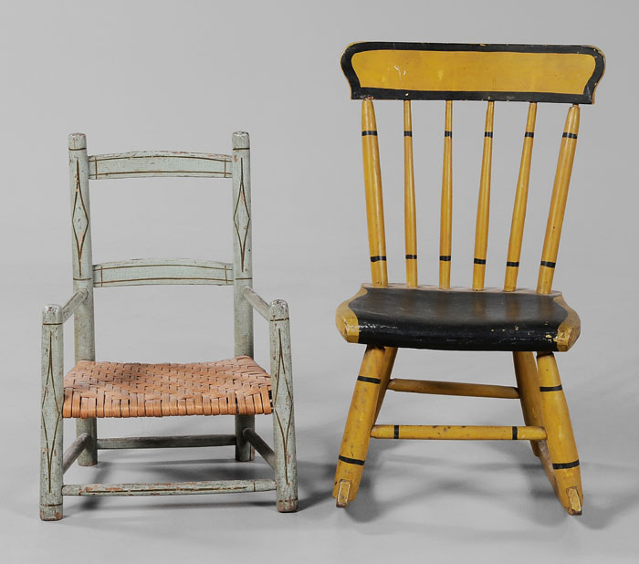 Appraisal: Two Paint-Decorated Child's Chairs American th century a plank-seat rocking