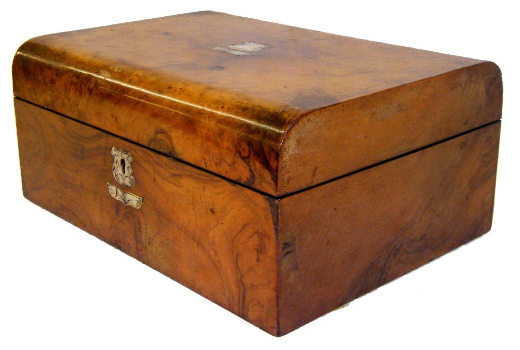 Appraisal: th century burr walnut work box with mother of pearl