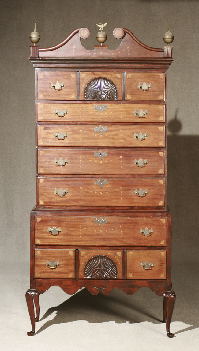 Appraisal: Queen Anne Satinwood Inlaid Mahogany Highboy New Hampshire Circa Scroll