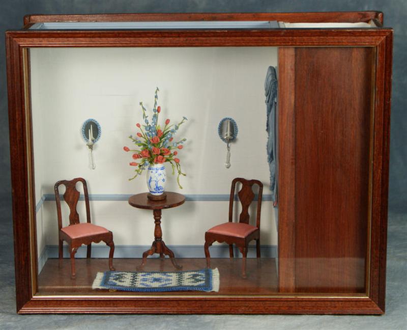 Appraisal: Miniature room diorama with Queen Anne table and chairs mahogany