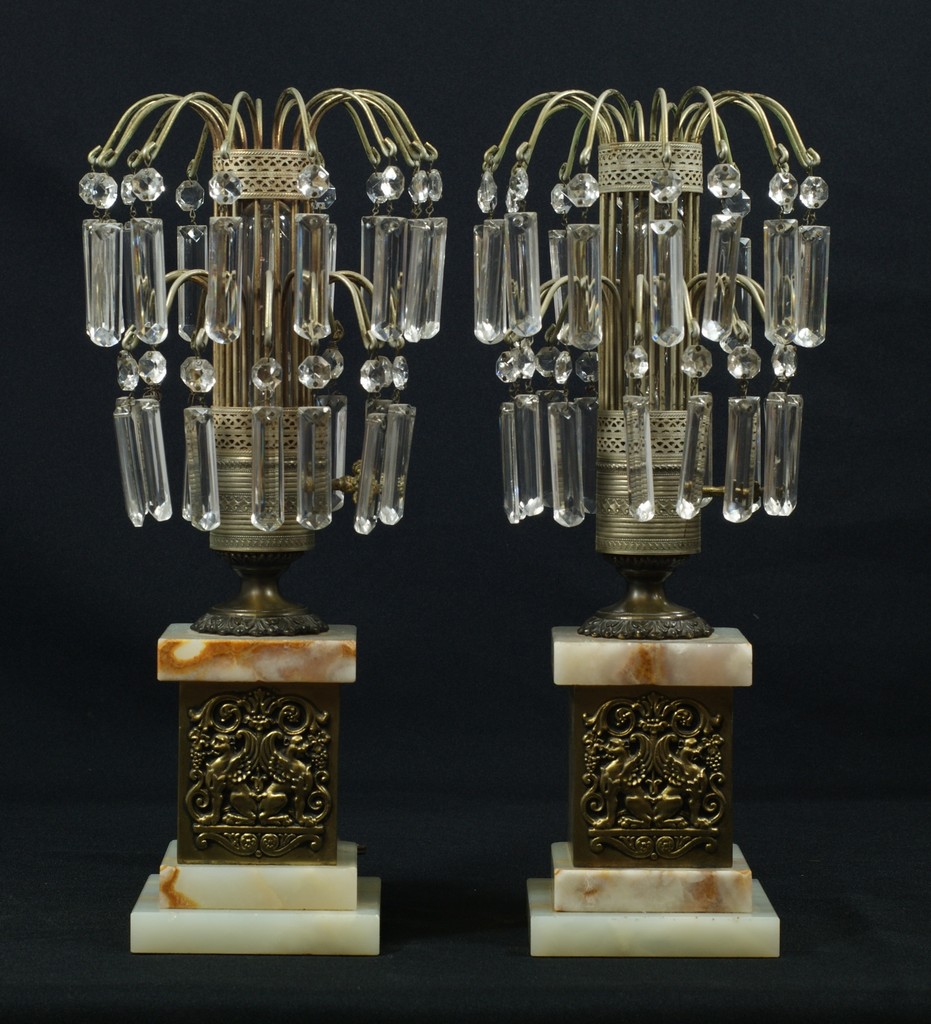 Appraisal: Pr brass agate and crystal table lamps tall electric