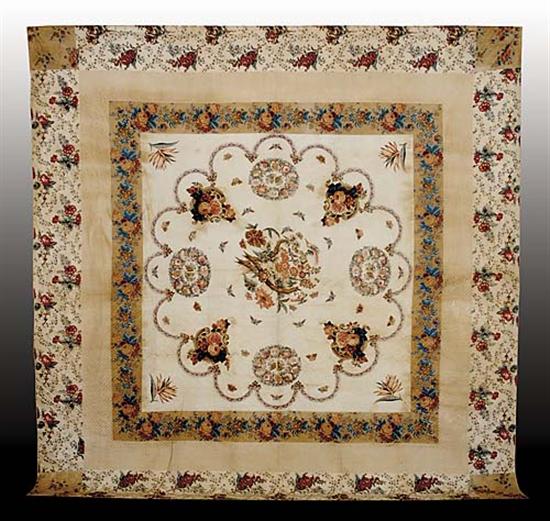 Appraisal: American stippled quilt circa - appliqued floral chintz design in