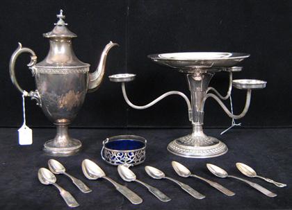 Appraisal: Eight coin silver spoons Together with a silver plated teapot