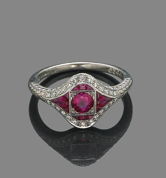 Appraisal: A ruby and diamond ring with maker's mark mounted in