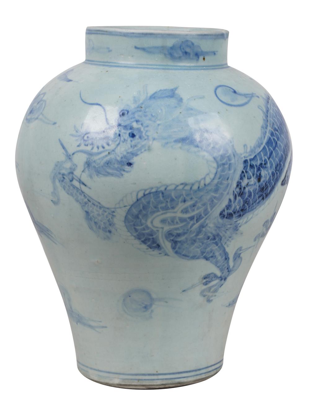 Appraisal: KOREAN BLUE WHITE PORCELAIN DRAGON JARCondition a few areas of