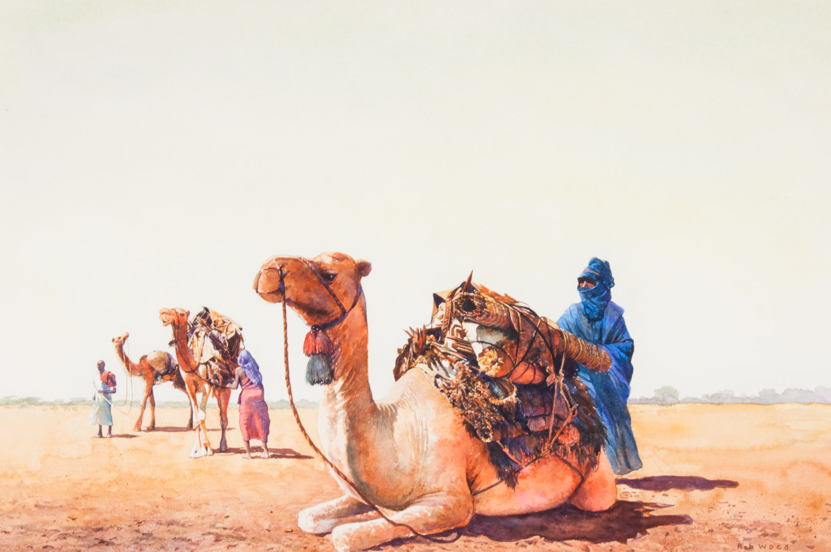 Appraisal: Rob Wood Camels in the Desert watercolor American th Century