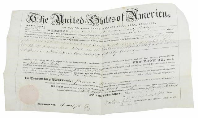 Appraisal: Unframed Michigan land grant secretarial signed James K Polk -