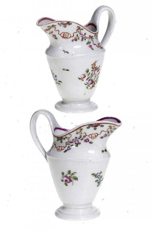 Appraisal: TWO NEW HALL CREAM JUGS obconical and enamelled with the