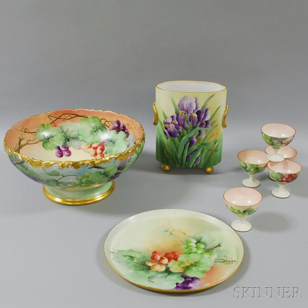 Appraisal: Eight Pieces of Hand-painted Limoges Porcelain including a grapevine-decorated punch