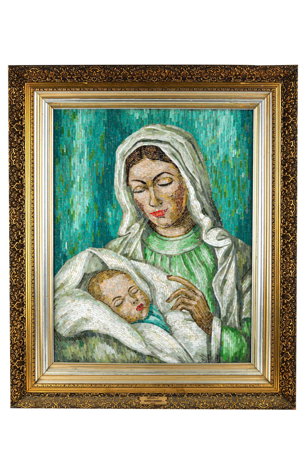 Appraisal: THEODORE C HENDERSON TH CENTURY MICRO-MOSAIC PLAQUE OF MADONNA CHILDwith