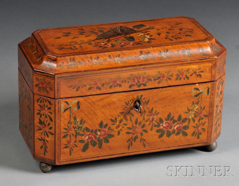 Appraisal: Polychrome-painted Floral-decorated and Inlaid Wood Tea Caddy England c cut-corner