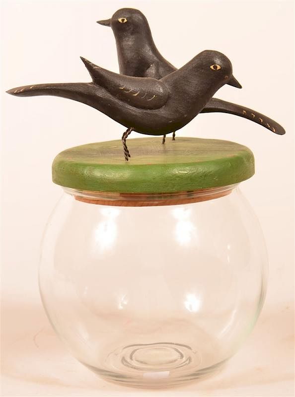 Appraisal: Gottshall Glass Canister with Black Birds Covered Glass Canister by