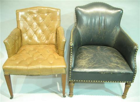 Appraisal: TWO ENGLISH LEATHER ARMCHAIRS One tan button tufted the other