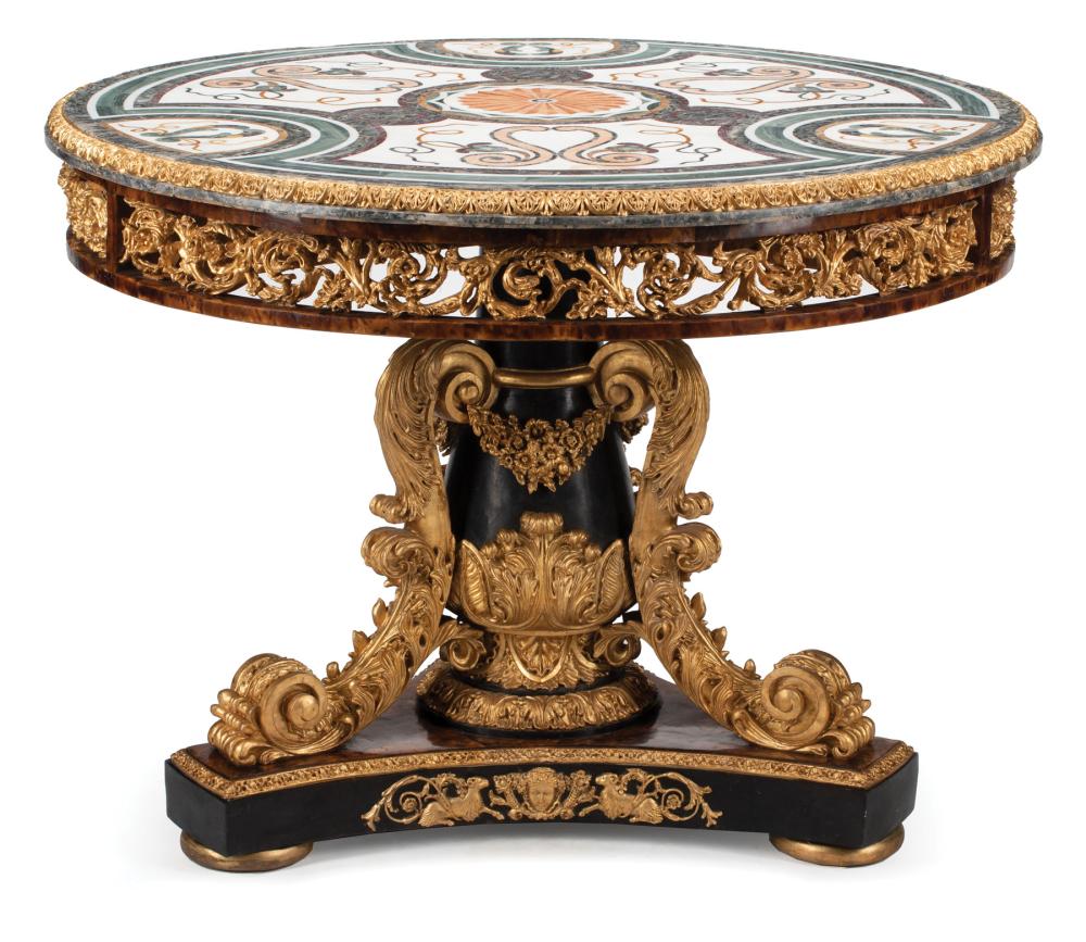 Appraisal: Italian Bronze-Mounted Ebonized Parcel Gilt and Faux Tortoise Center Table