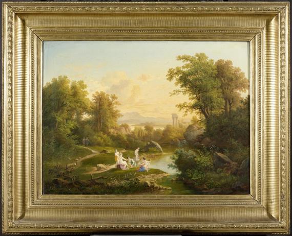 Appraisal: FRANCE th c Idyllic landscape with bathing people Oil on