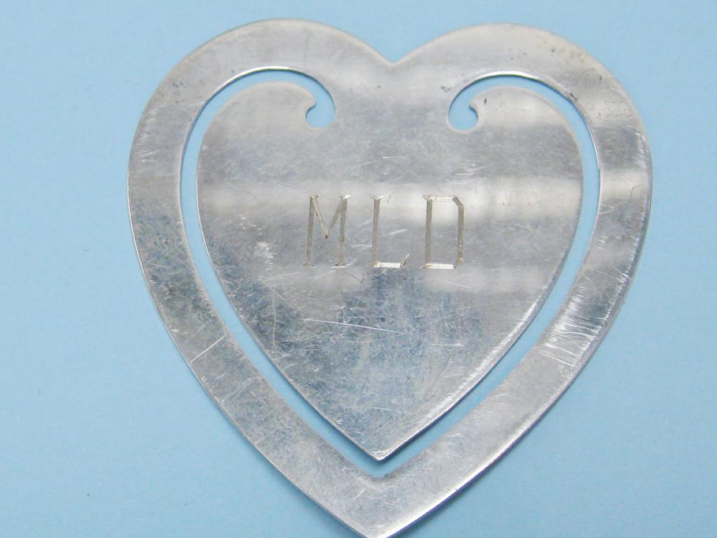 Appraisal: A Tiffany Co sterling silver Bookmark of heart shape engraved