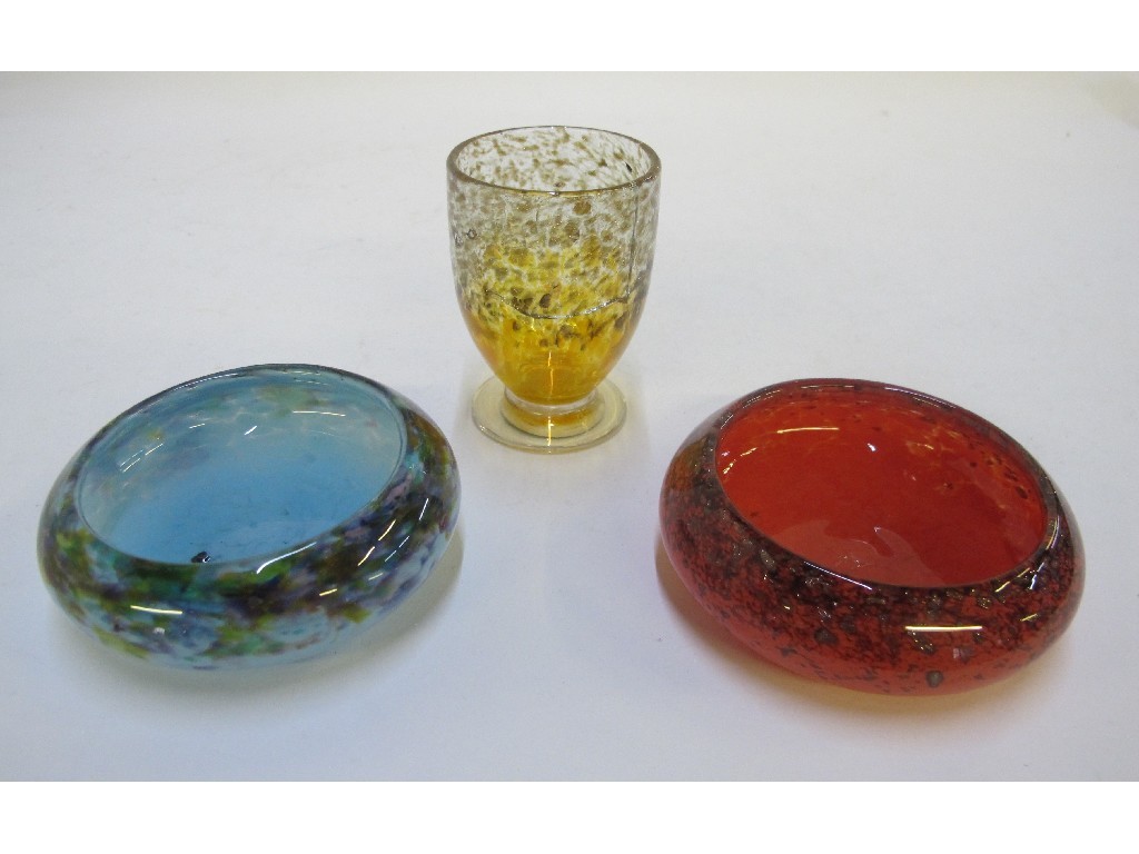 Appraisal: Two Monart glass dishes and a posy vase some def