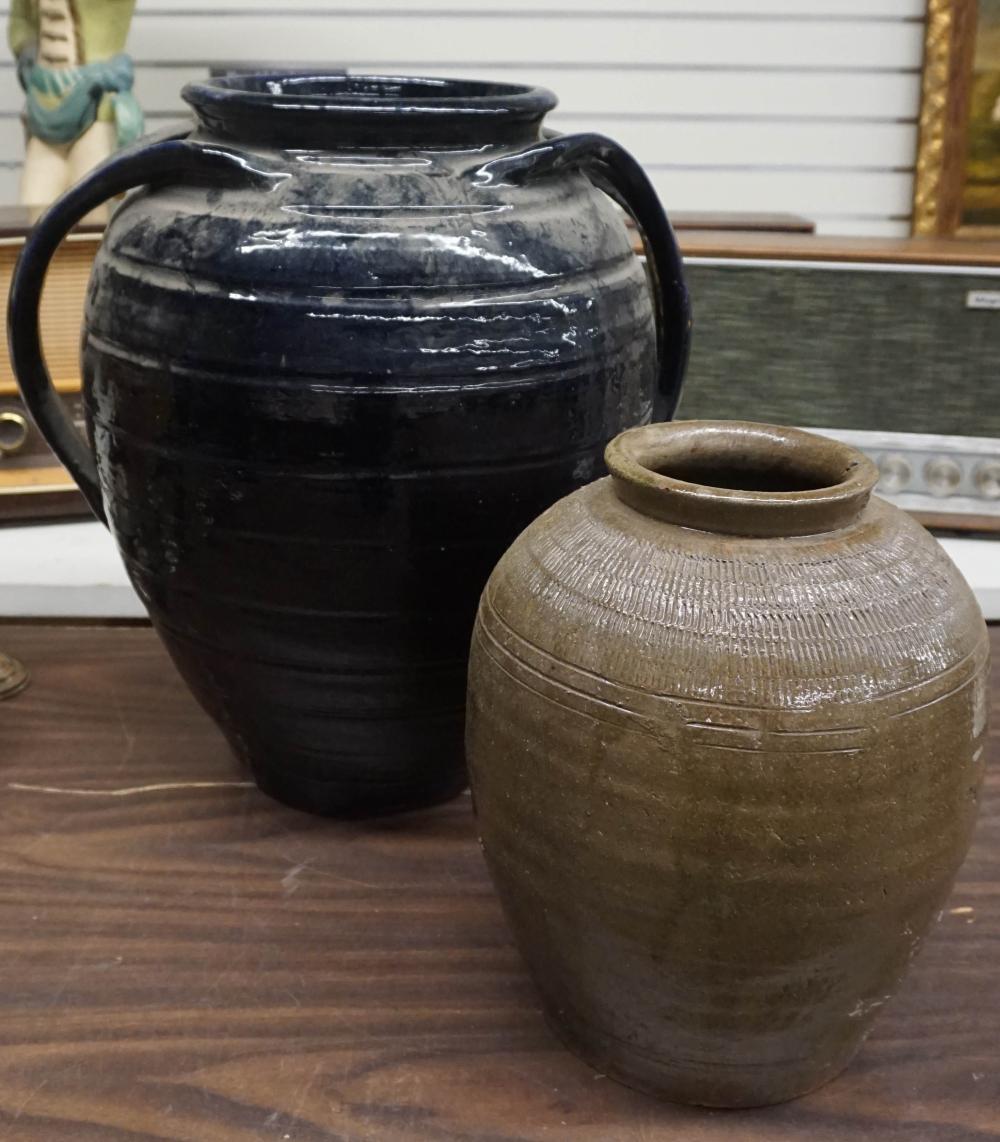 Appraisal: AMERICAN BLUE GLAZE TWO-HANDLE FLOOR VASE AND GLAZED POTTERY VASE